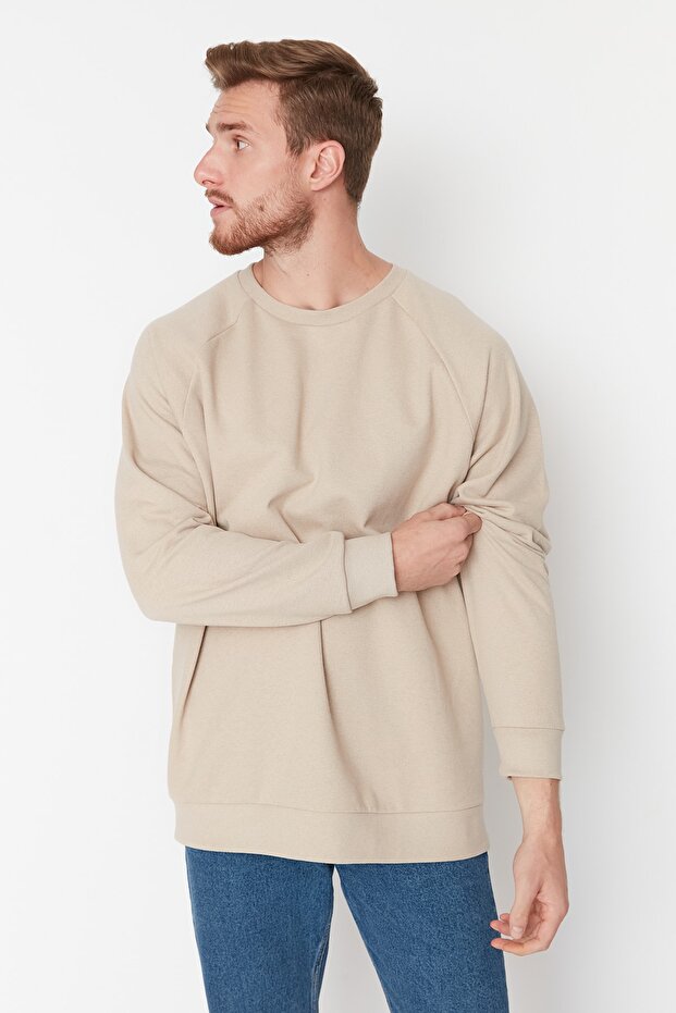Bej Oversize/Geniş Kesim İçi Polar/Sıcak Tutan Reglan Kol Sweatshirt TMNAW23SW00190 - 2