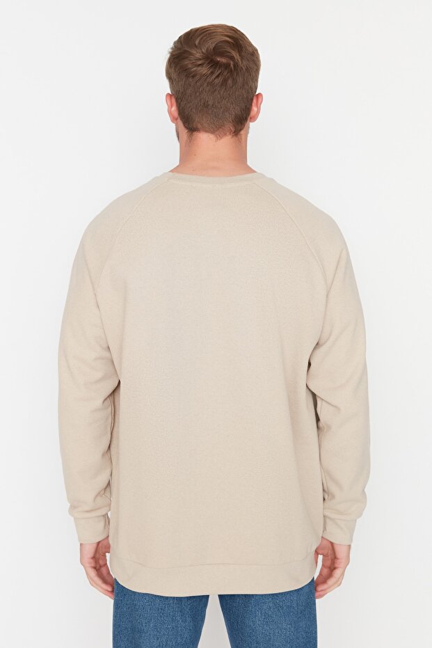 Bej Oversize/Geniş Kesim İçi Polar/Sıcak Tutan Reglan Kol Sweatshirt TMNAW23SW00190 - 5