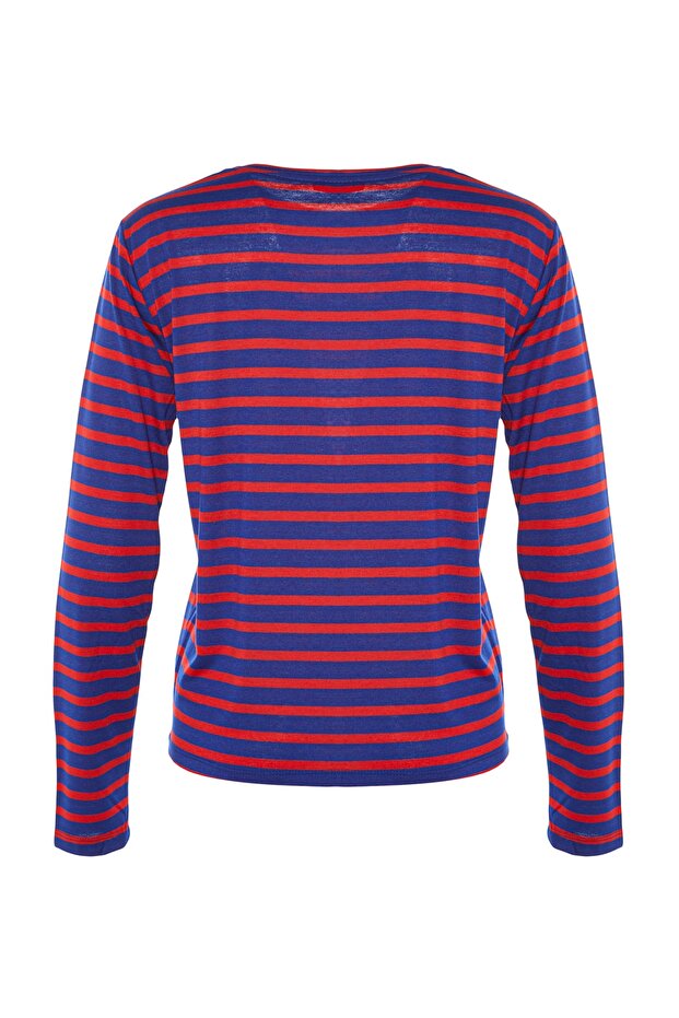 Kırmızı-Lacivert Çizgili Regular/Normal Kalıp Basic Bisiklet Yaka Örme T-Shirt TWOAW23TS00002 - 11