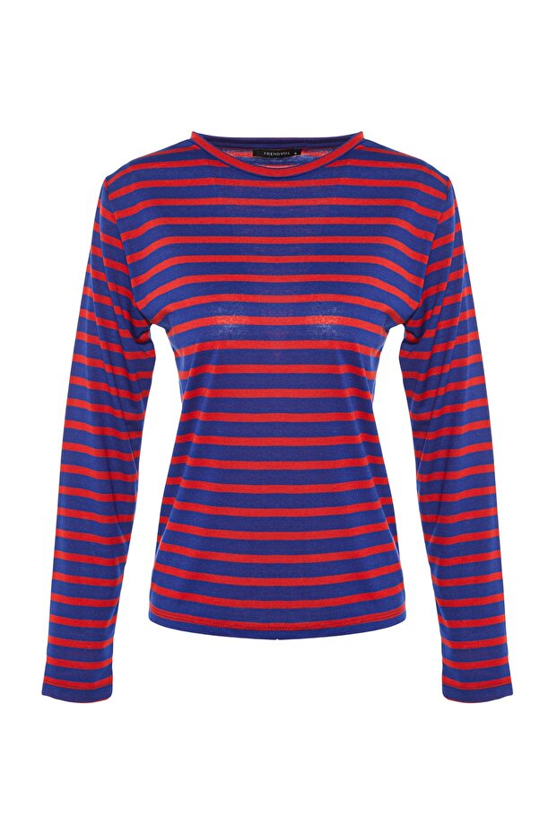 Kırmızı-Lacivert Çizgili Regular/Normal Kalıp Basic Bisiklet Yaka Örme T-Shirt TWOAW23TS00002 - 12