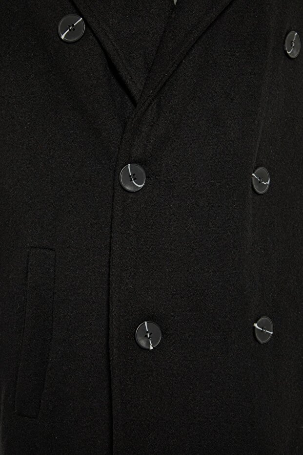 Długi czarny płaszcz zimowy Stamp z podwójnymi piersiami - luźny krój TMNAW23KB00003 - 7