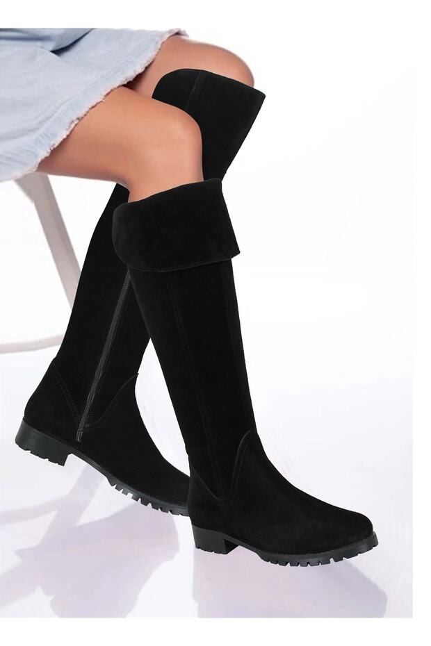 Women's Genuine Black Suede Over-The-Knee Zippered Boots 052