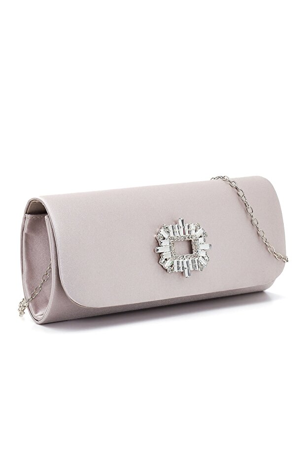 Shiny Satin Silver Evening Bag with Square Stone Accessories