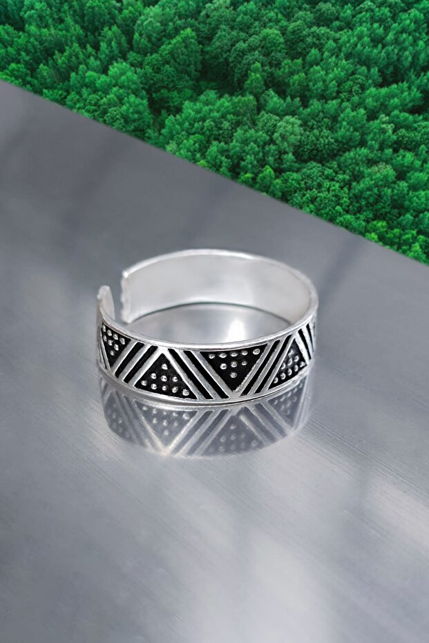 Triangle Pattern Wedding Ring Model Adjustable Men's Silver Plated Ring - 3