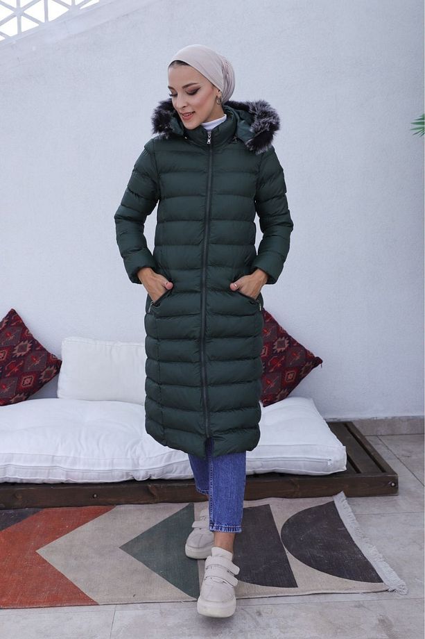 Dik Yakalı Kapişonlu Su Gecirmez Midi Mont Soft Kaban - 1