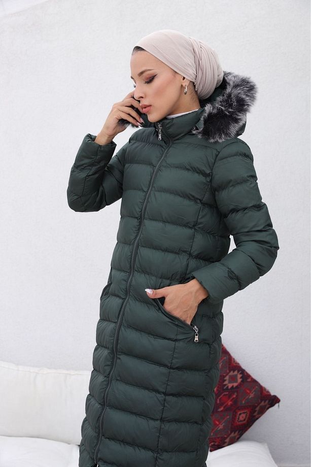 Dik Yakalı Kapişonlu Su Gecirmez Midi Mont Soft Kaban - 7