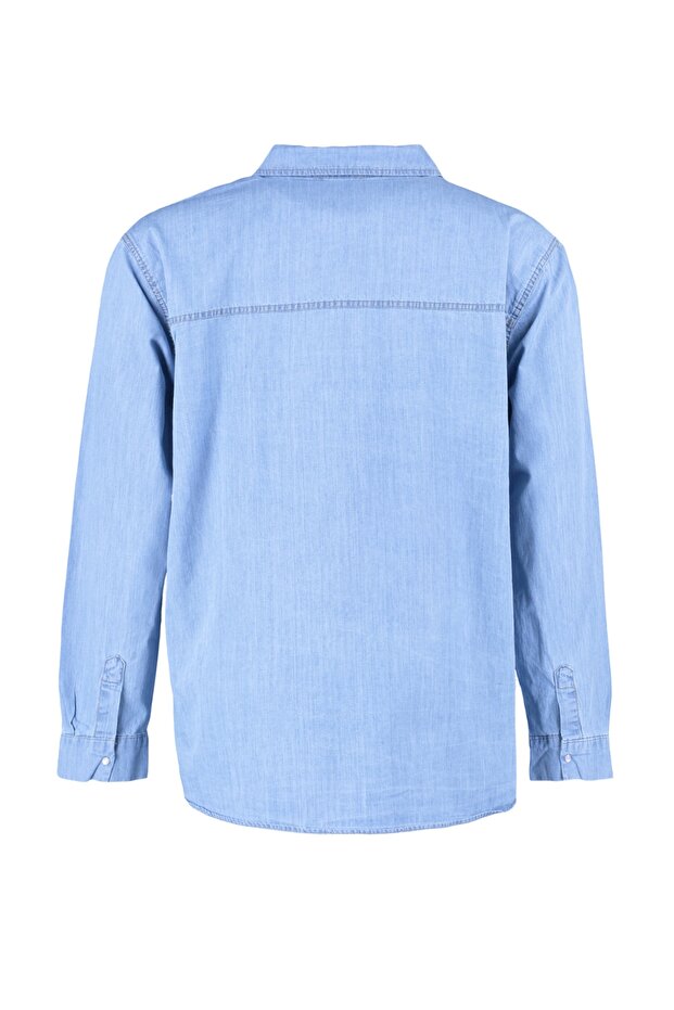 Açık Mavi %100 Non-Stretch Pamuk Büyük Beden Denim Gömlek TBBAW23AX00018 - 5