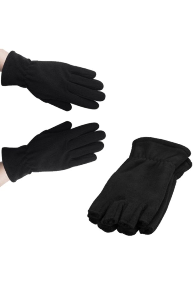 Women's Black Winter Thermal Fleece Gloves with Elastic Cuffs, Fingerless and Fingered, Set of Two