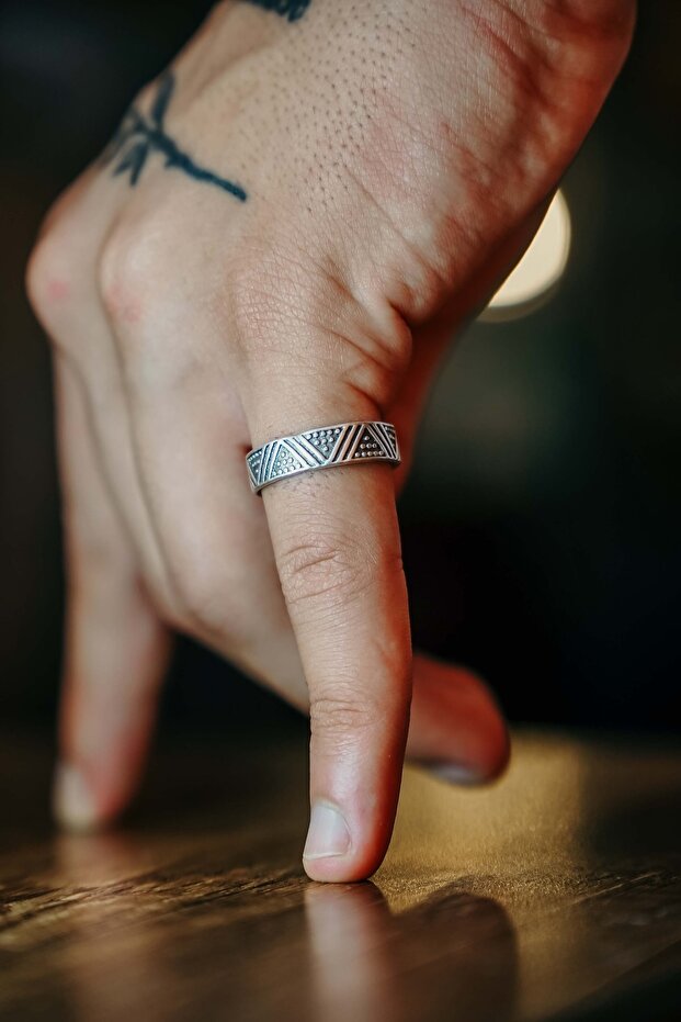 Triangle Pattern Wedding Ring Model Adjustable Men's Silver Plated Ring - 4