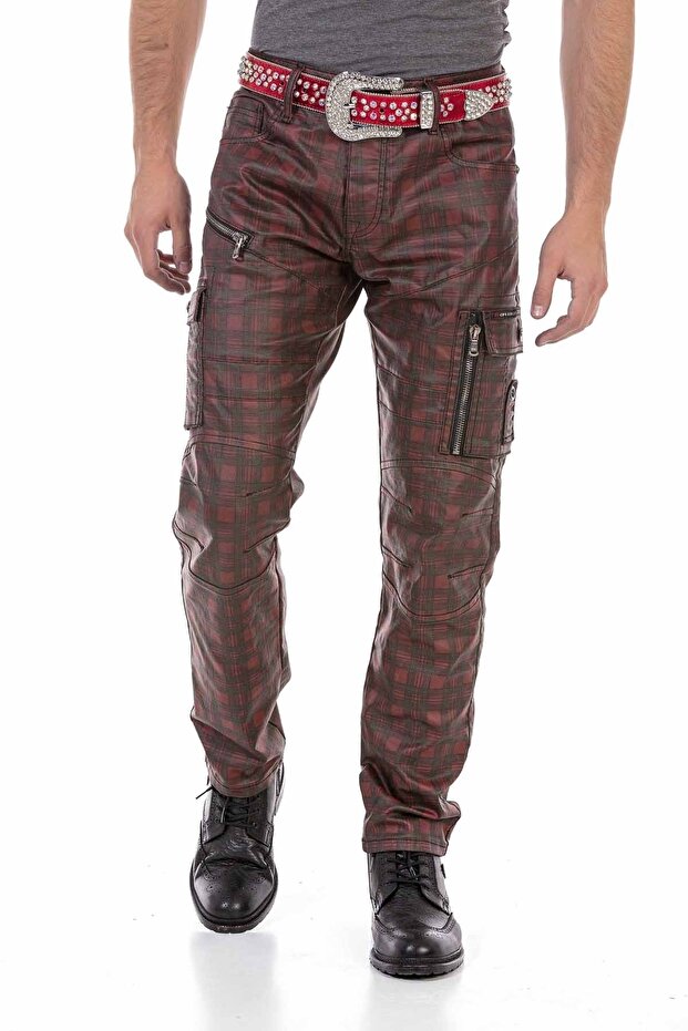 Cd721 Red Checkered Men's Cargo Jeans