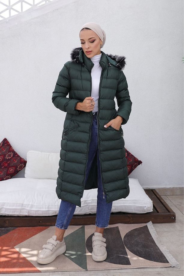 Dik Yakalı Kapişonlu Su Gecirmez Midi Mont Soft Kaban - 4