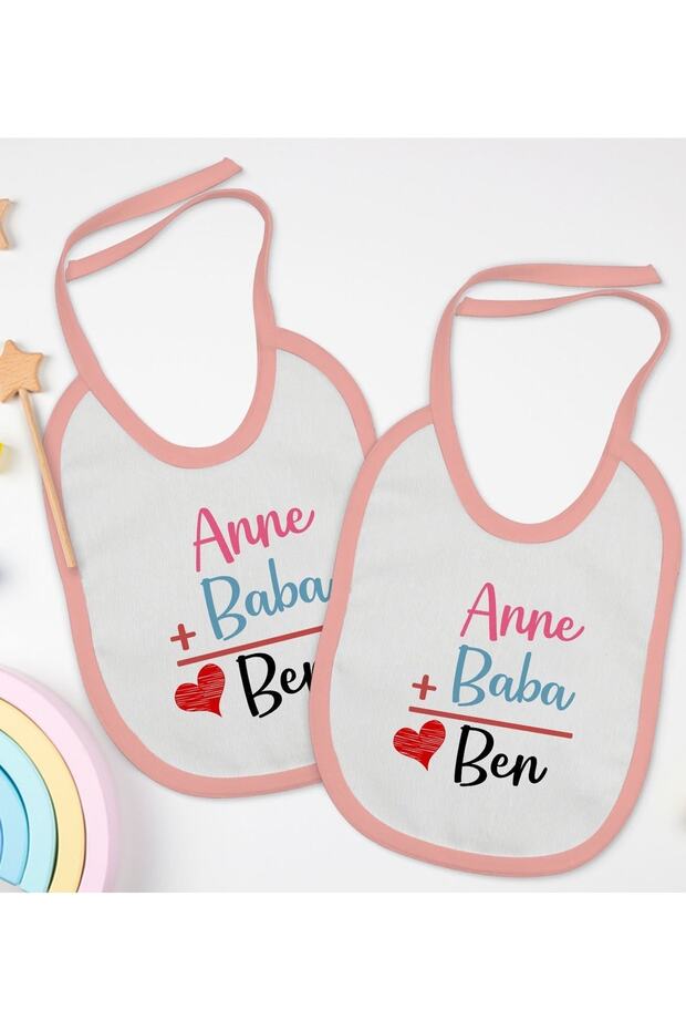 Kids 2-Piece Pink Baby Bib with Mom, Dad and Me Design-1
