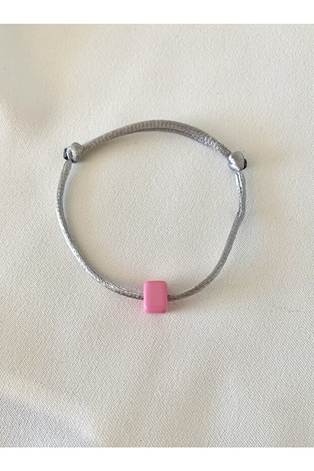 Pink Square Beaded Gray Rope Bracelet
