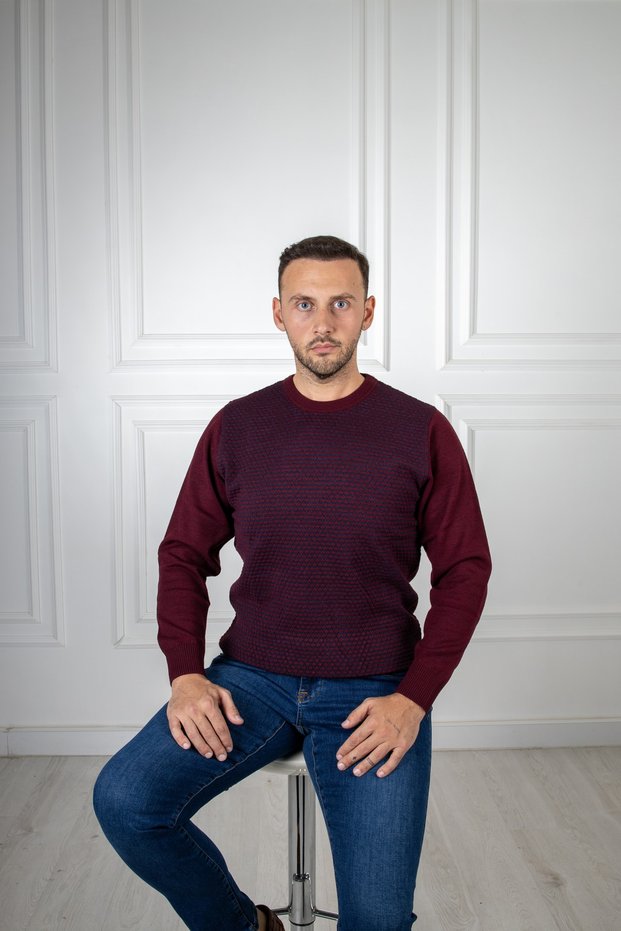 Interview O Neck Patterned Claret Red Navy Blue Knitwear Sweater