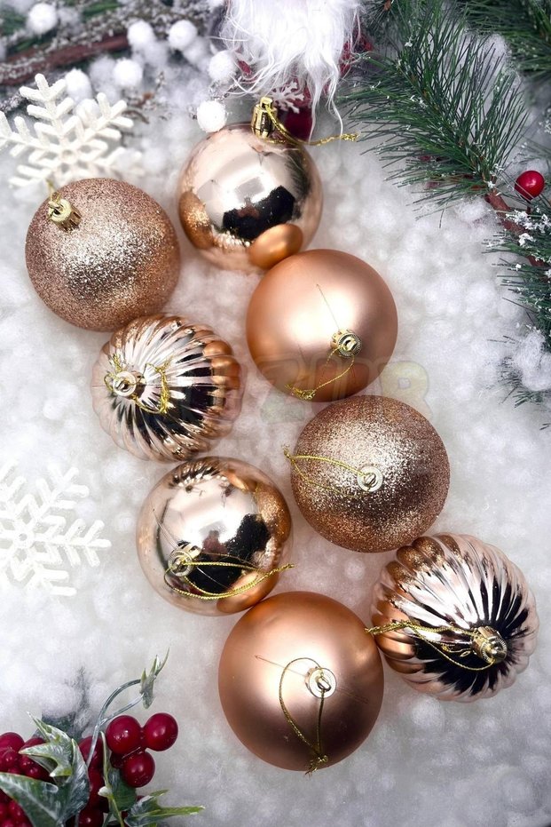 8 Pack Champagne Yellow Colored Salmon Colored Cute Ball 8 cm Glittery Matte Shiny Embossed Christmas Tree Ornament
