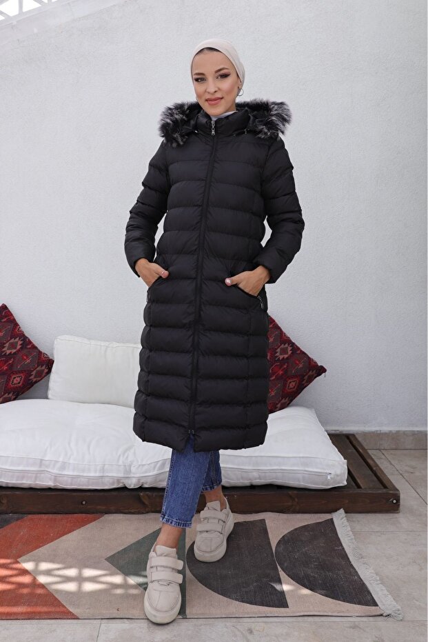 Stand Collar Hooded Waterproof Midi Coat Soft