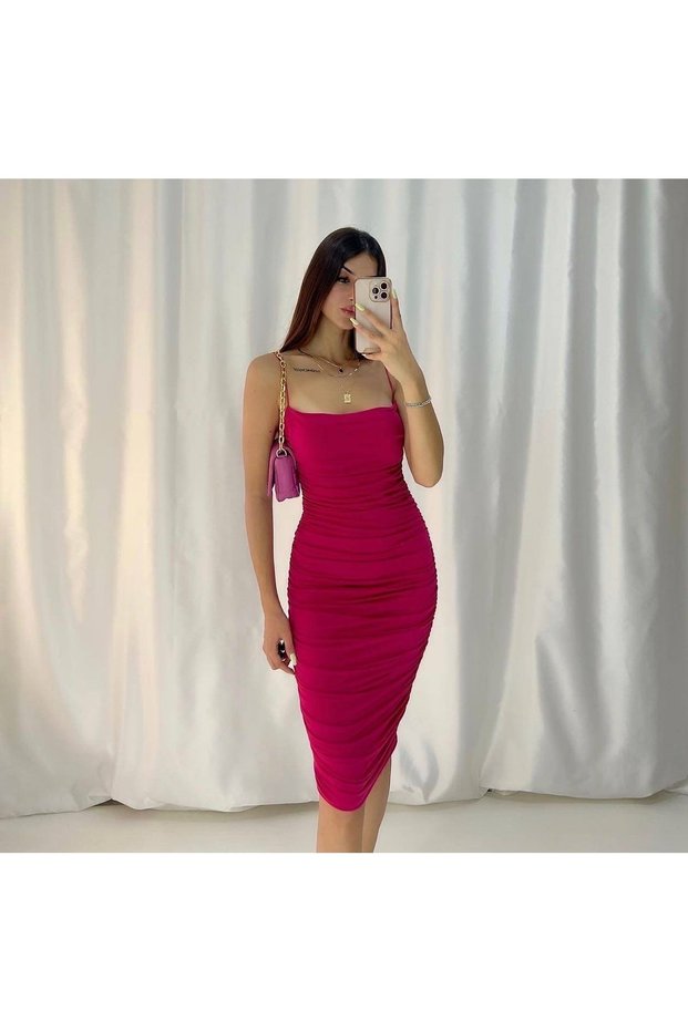 Women's Thin Elastic Strap Side Full Draped and Lined Mibidoy Knee Dress Red