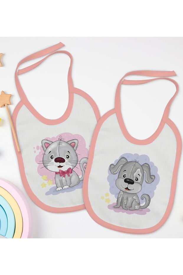 Set of 2 Pink Food Bibs with Cute Cat and Dog Designs-1