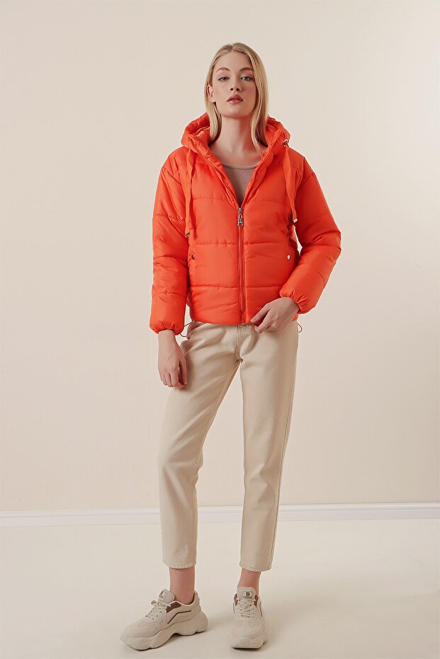 5117 Kapşonlu Şişme Mont - Oranje - 2