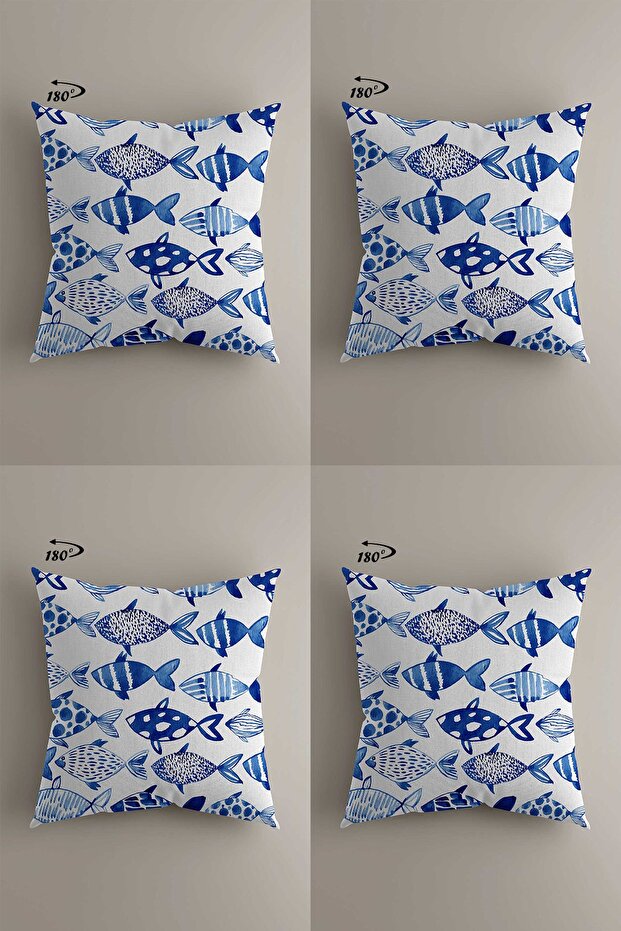 Blue Fishes Design Double Sided Digital Printed 4-Piece Decorative Throw Pillow Cover