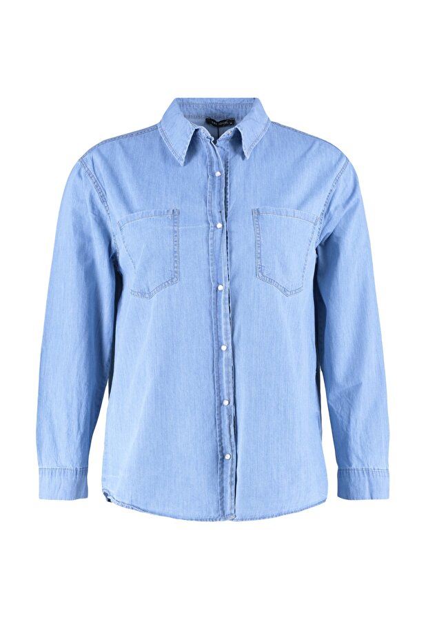 Açık Mavi %100 Non-Stretch Pamuk Büyük Beden Denim Gömlek TBBAW23AX00018 - 6