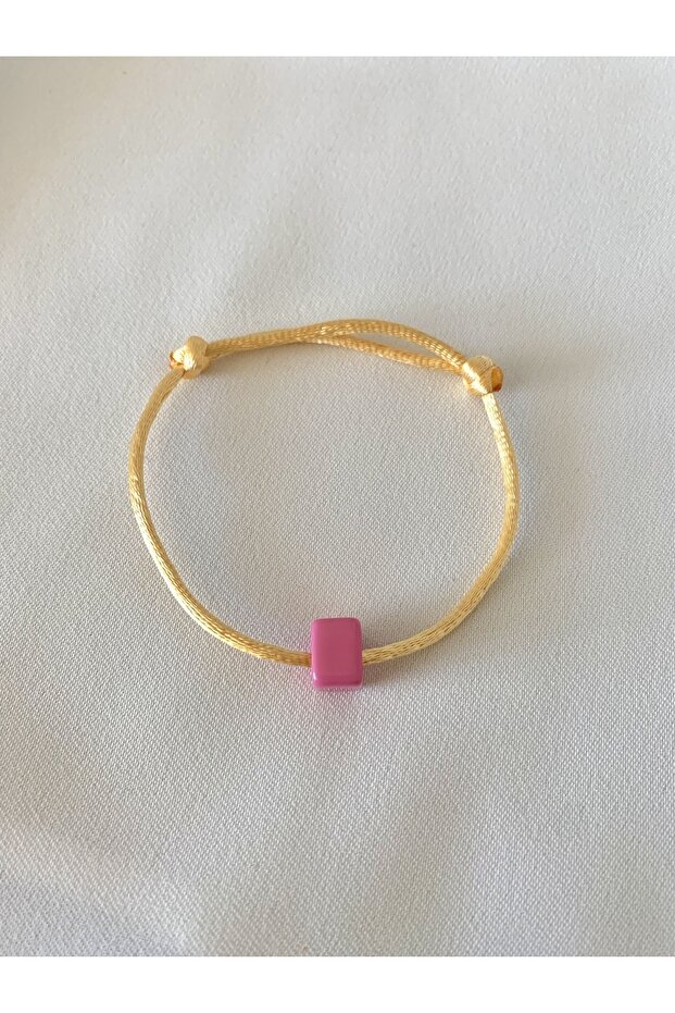 Pink Square Beaded Gold Color Bracelet