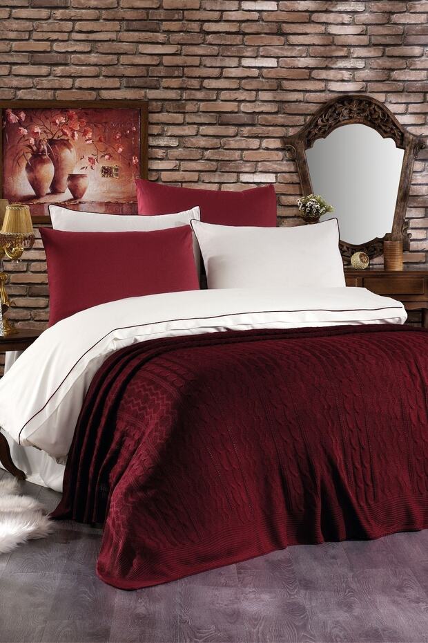 Feris 7 Piece Cotton Knitwear Double Duvet Cover Set with Blanket Claret Red (WITH SURPRISE GIFT)