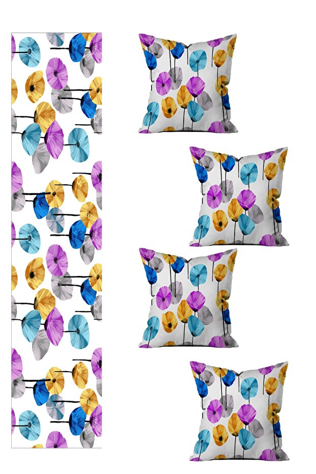 Special Design Runner and 4-Piece Throw Pillow Cover Set 5 Pieces (140x40) (43x43 Cm)