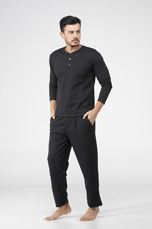 Pamuklu Cepli Erkek Siyah Pijama Takımı - 3