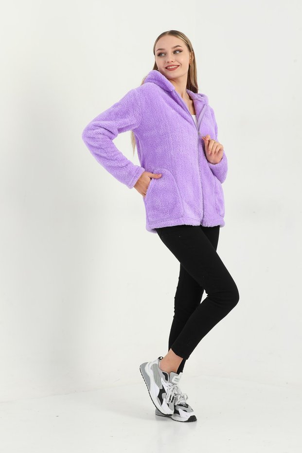 Welsoft Zippered Hooded Short Fleece Cardigan Lilac