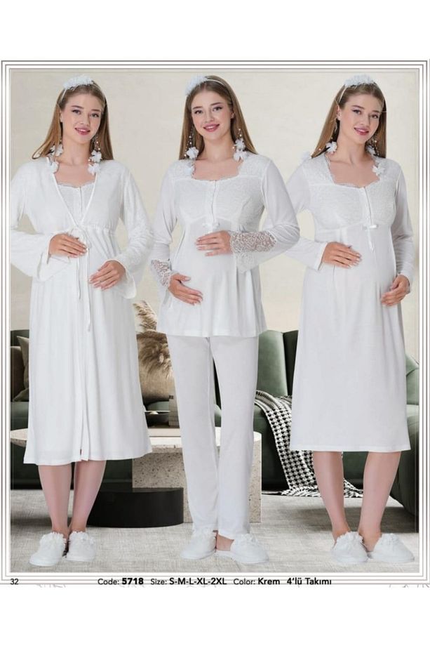 Pijama 5718 Ecru Sabahlıklı 4 Lü Hamile Lohusa Pijama Gecelik Tk - 1