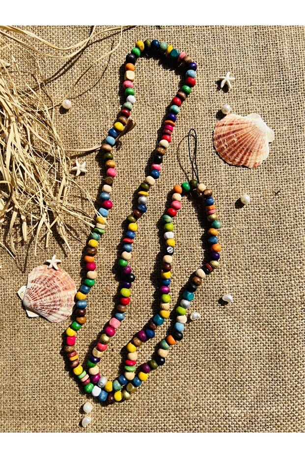 Bead Detailed Wooden Evil Eye Phone Strap - Charm