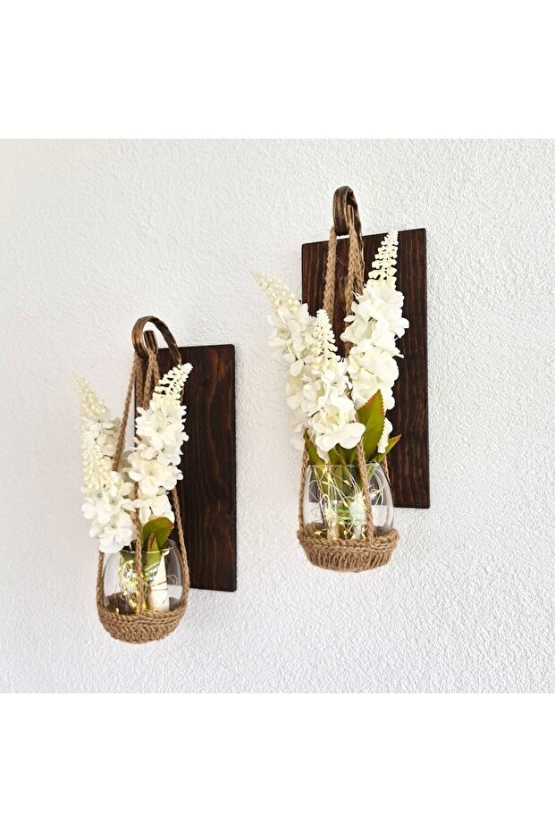 Duvar Dekoru, Led Işıklı, Beyaz Şebboy Çiçekli, Ceviz Aplik İkili Set - 3