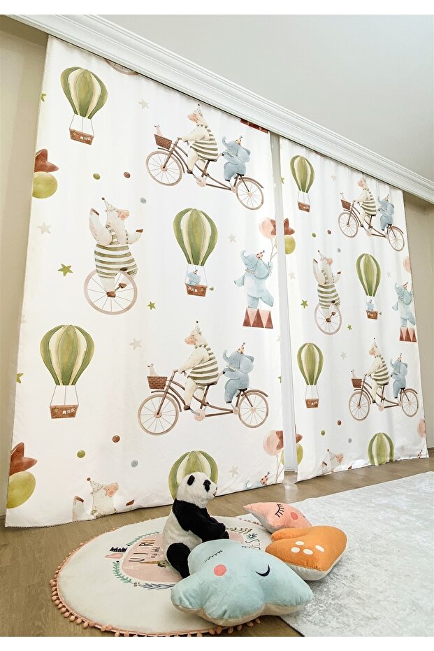 Cute Animals on Bicycles Patterned Children's & Baby's Room Background Curtain (SINGLE WING PRICE)