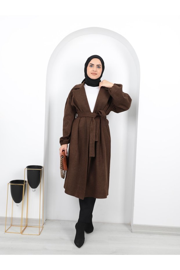 Belted Women's Hijab Coat with Gathered Sleeves