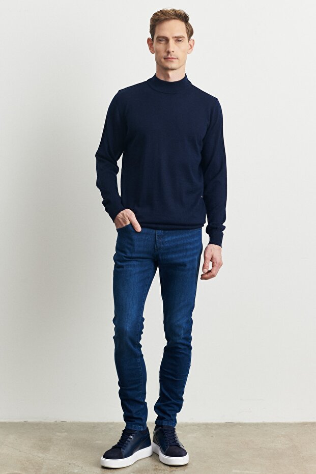 Erkek Lacivert Standart Fit Normal Kesim Yarım Balıkçı Yaka Yünlü Triko Kazak - 2