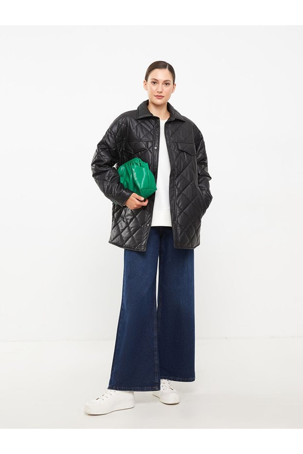 Shirt Collar Quilted Long Sleeve Women's Leather Look Coat