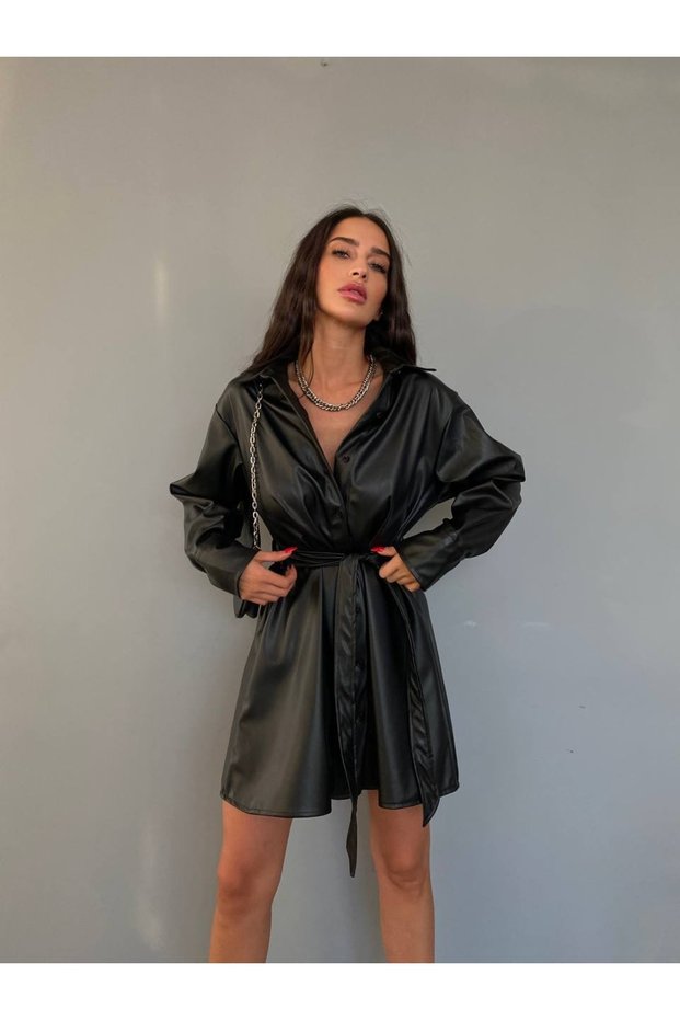 Women's Black Leather Lycra Pleat Detailed Long Sleeve Shirt Dress with Belted Waist