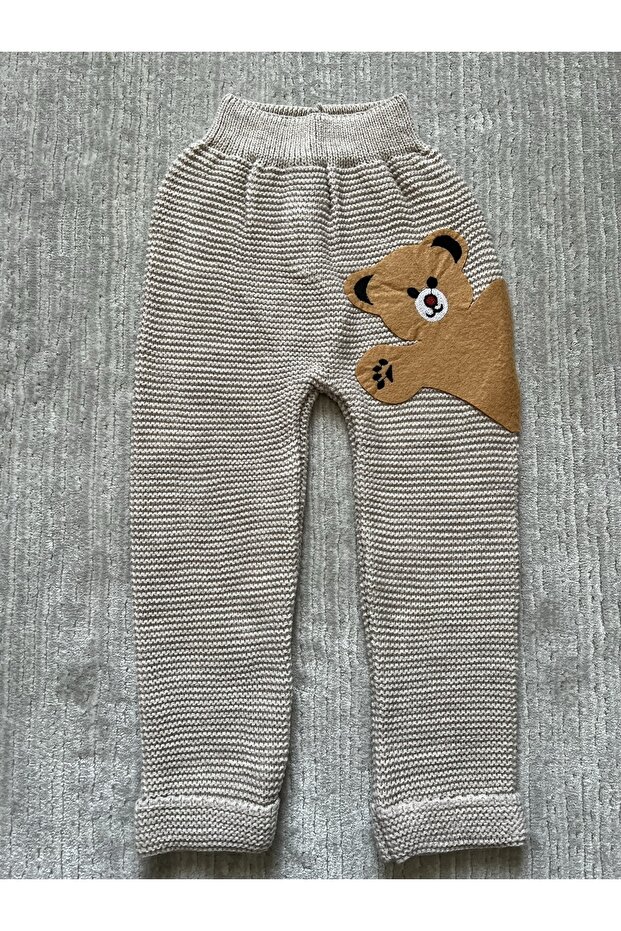 Unisex Felted Teddy Bear Detailed Thick Knitted Winter Trousers