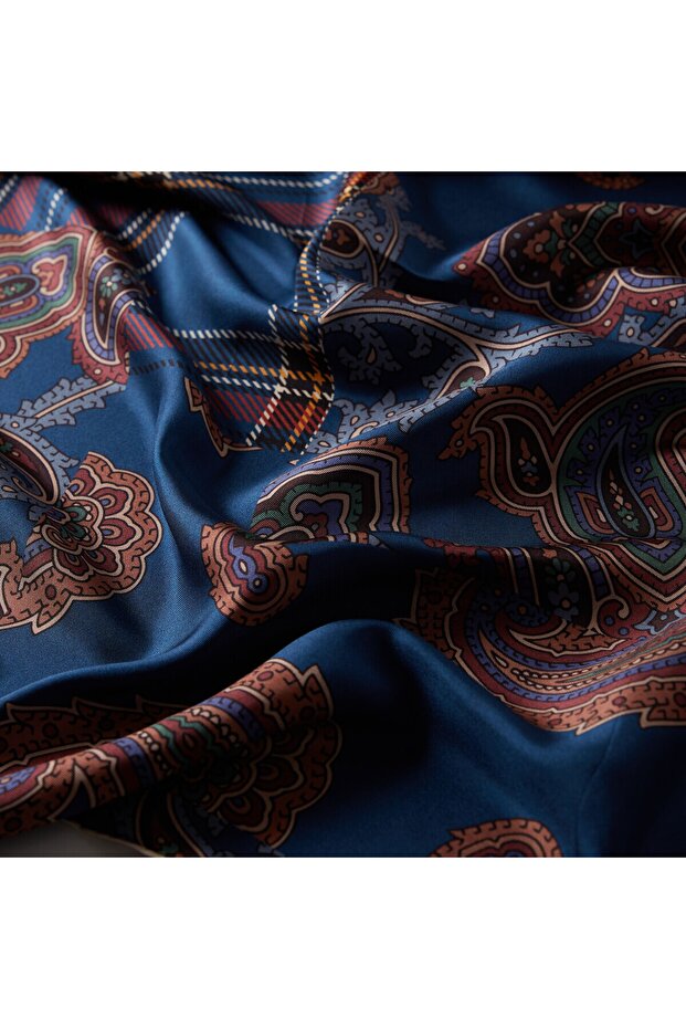 Denim Blue Burgundy Patchwork Patterned Tivil Silk Scarf - 2
