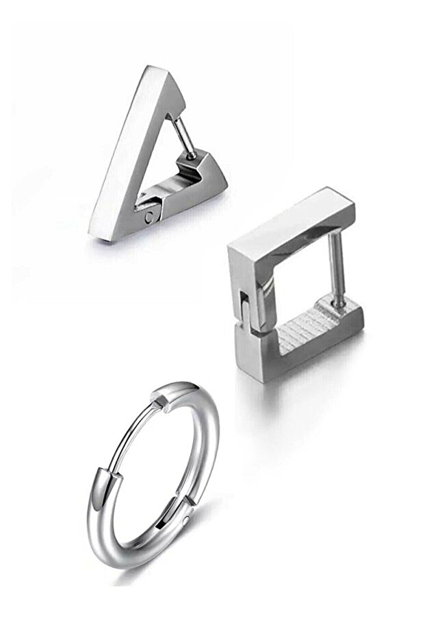 Set of 3 Earrings, Silver Triangle, Square, Circle, Surgical Steel Earrings