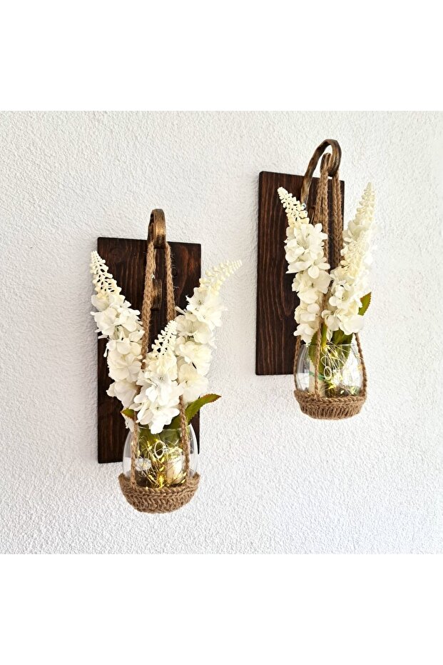 Duvar Dekoru, Led Işıklı, Beyaz Şebboy Çiçekli, Ceviz Aplik İkili Set - 4