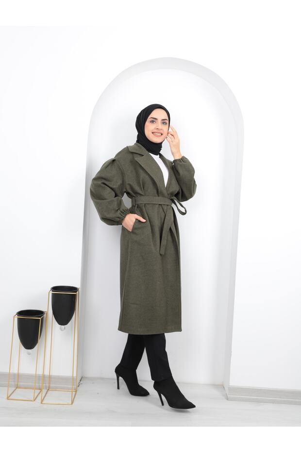 Women's Hijab Coat with Gathered Sleeves and Belted\cache Coat