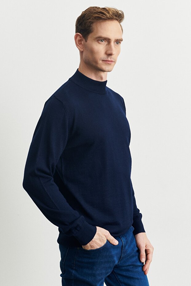 Erkek Lacivert Standart Fit Normal Kesim Yarım Balıkçı Yaka Yünlü Triko Kazak - 3