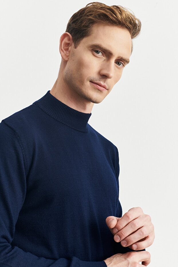 Erkek Lacivert Standart Fit Normal Kesim Yarım Balıkçı Yaka Yünlü Triko Kazak - 4