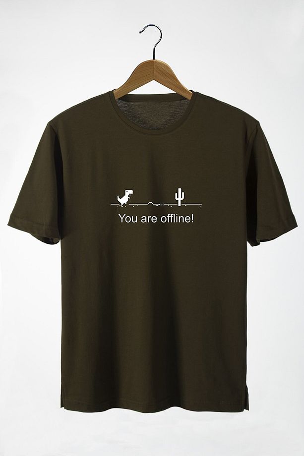 Azurco Oversize Önü You Are Offline Baskılı Haki T-shirt - 1
