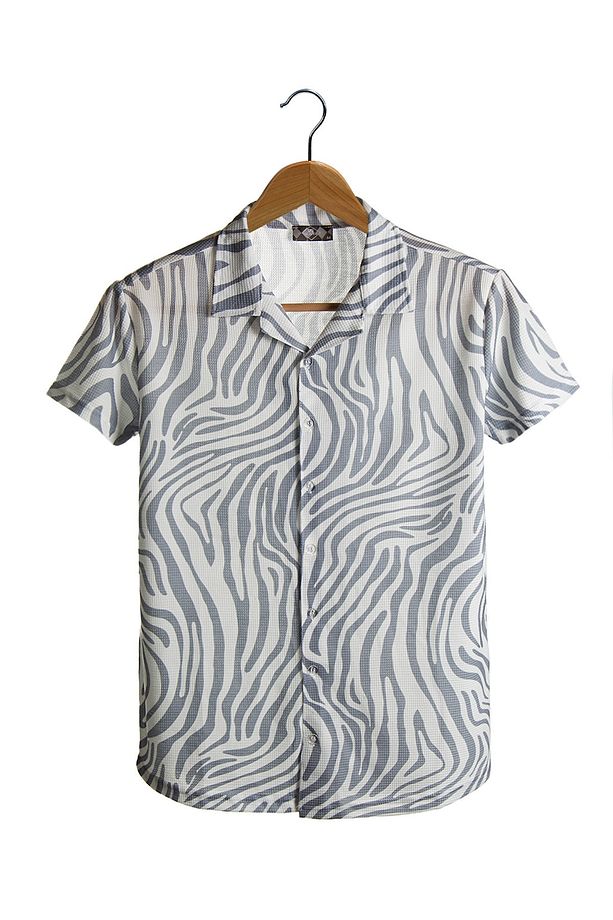 Erkek Gri Kısa Kollu Pamuklu Desenli Slimfit Apaş Yaka Gömlek - 1
