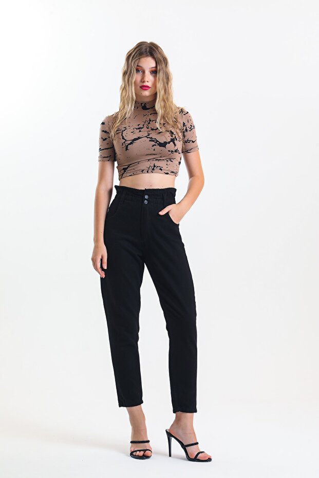Black High Waist Elastic Waist Mom Jean Jeans