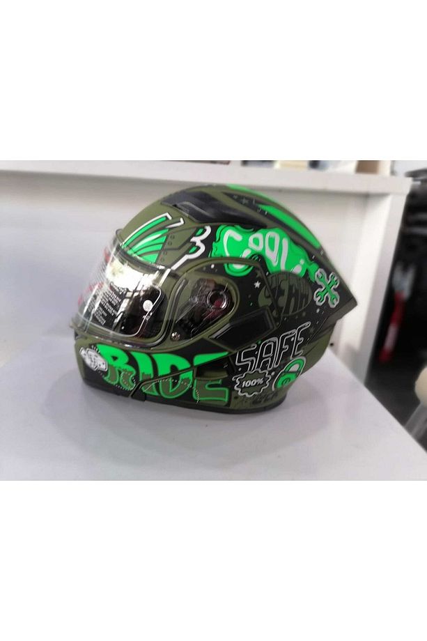 Jk 902 Çene Açılır Mat Yeşil Mat Siyah Güneş Vizörlü Kask - 4