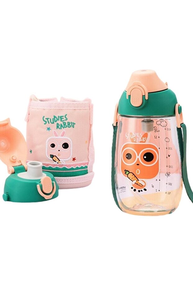 Small Size 480ml Tritan Children's Water Bottle with Case, Hanger, With/Without Straw, Two Separate Lids - 1